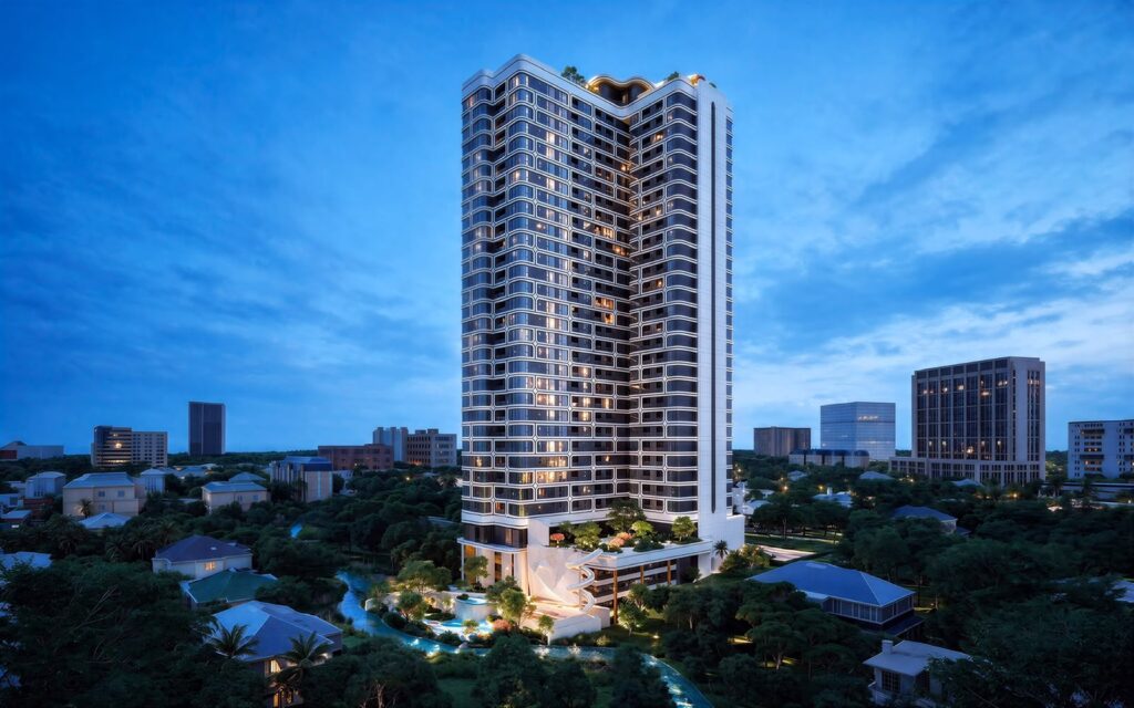 Coral Cove Riverside - Residential tower at dusk (marketing render)