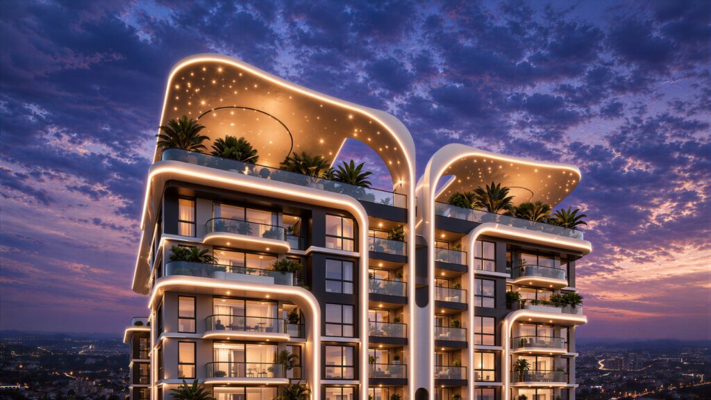 Himalaya Halo residential tower at dusk — architectural render