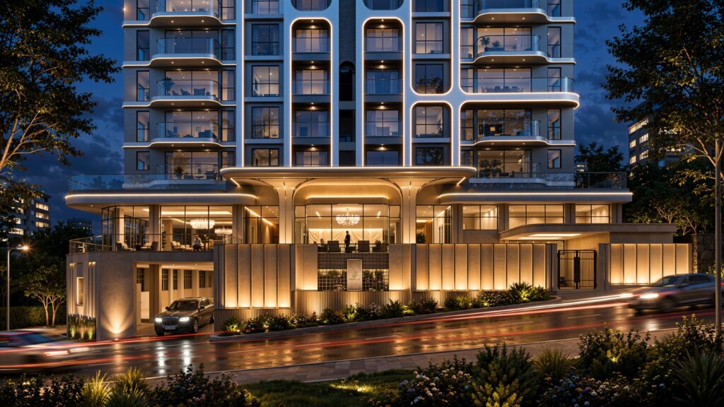 02 Himalaya Halo – Building entrance at dusk (architectural render)