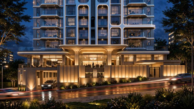 02 Himalaya Halo – Building entrance at dusk (architectural render)