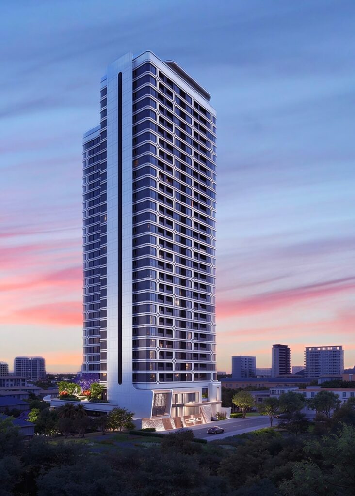 03 Coral Cove Riverside – Residential tower at sunset (marketing render)