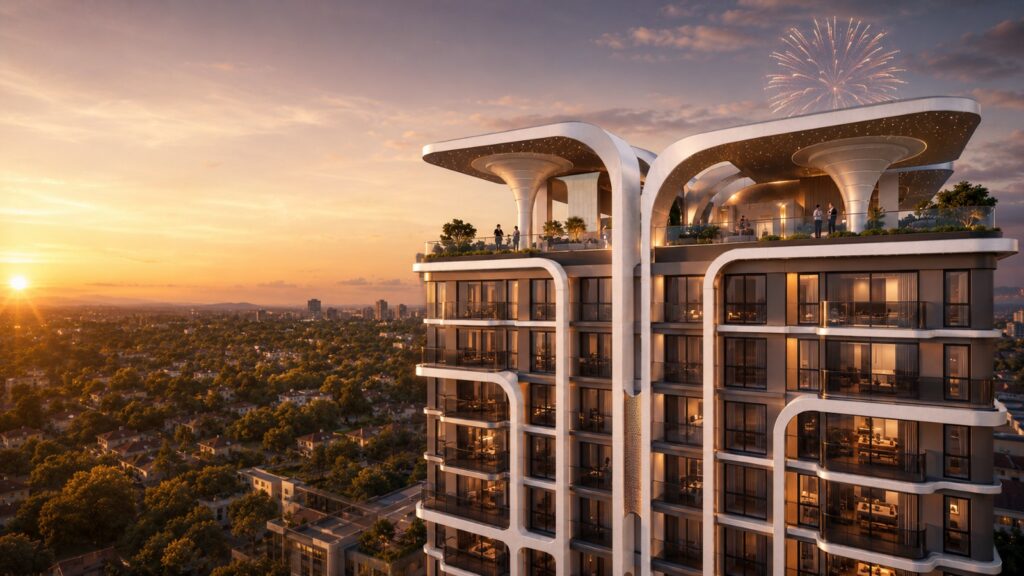 03 Himalaya Halo – Rooftop terrace at sunset (architectural render)