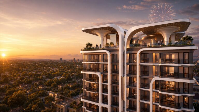 03 Himalaya Halo – Rooftop terrace at sunset (architectural render)