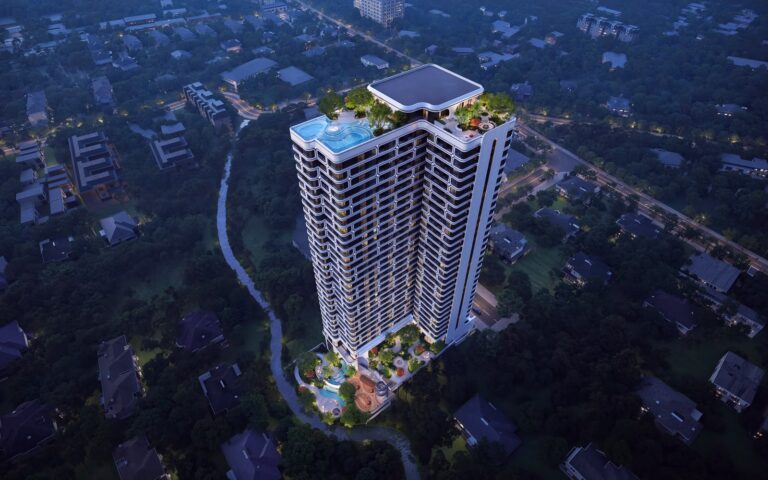 04 Coral Cove Riverside – Residential tower aerial view (marketing render)