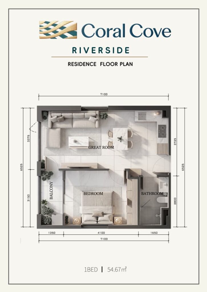 Plan 01 Coral Cove Riverside – Supplied Floor Plan – 1BED – 54.67 sqm