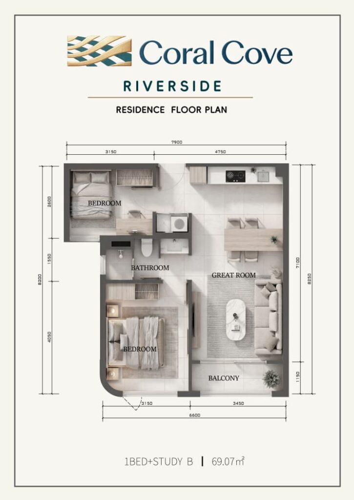 Plan 02 Coral Cove Riverside – Supplied Floor Plan – 1BED+STUDY B – 69.07 sqm