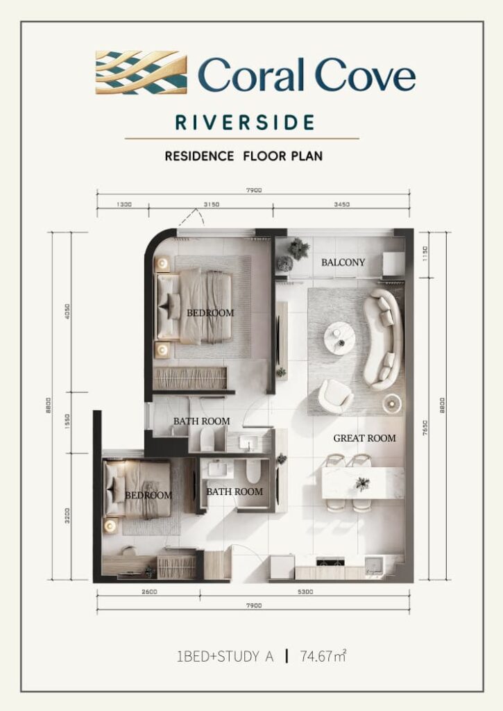 Plan 03 Coral Cove Riverside – Supplied Floor Plan – 1BED+STUDY A – 74.67 sqm