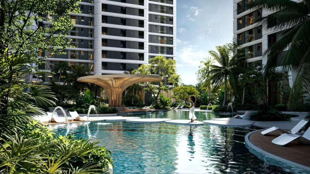 Amani Residence architectural render: landscaped courtyard and swimming pool