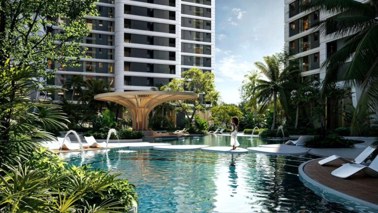 Amani Residence architectural render: landscaped courtyard and swimming pool
