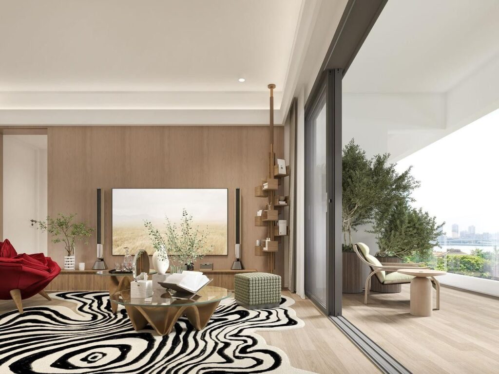 Amani Residence architectural render: living room opening onto a private balcony
