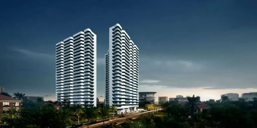 Amani Residence architectural render: residential towers at dusk