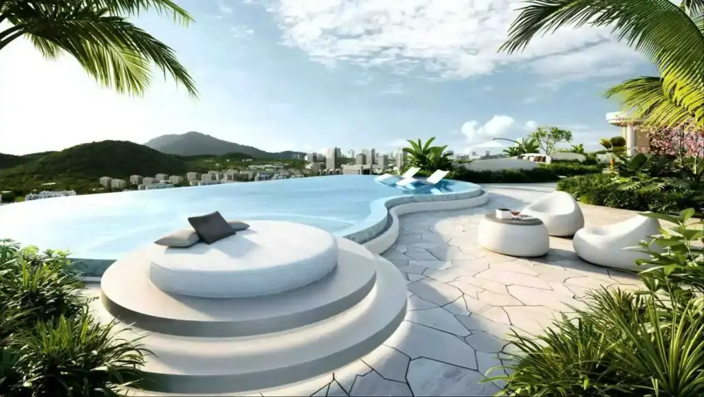 Amani Residence architectural render: rooftop pool and lounge seating