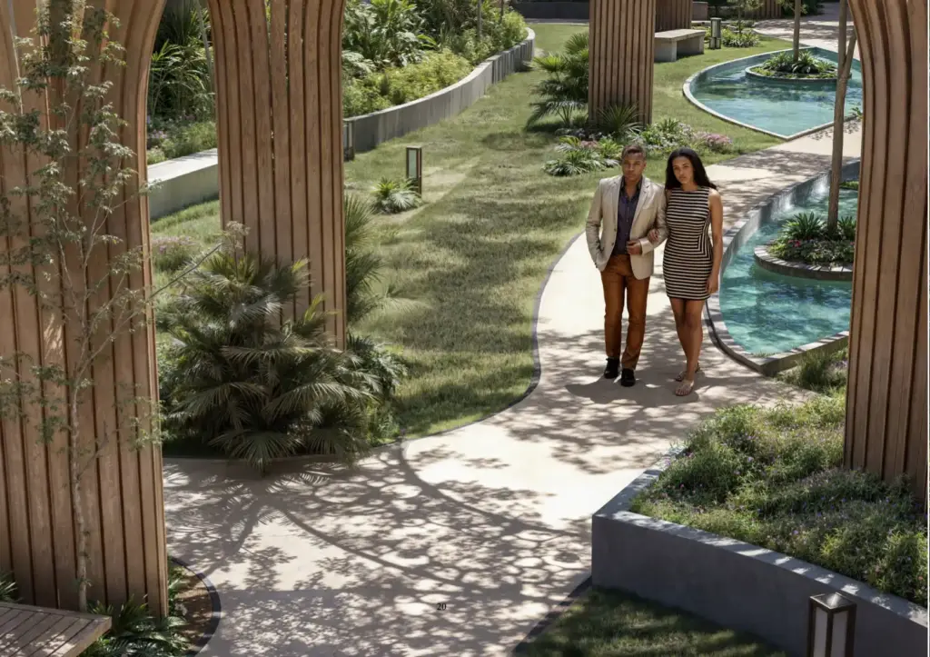 Gaia Brookside architectural render: landscaped courtyard path