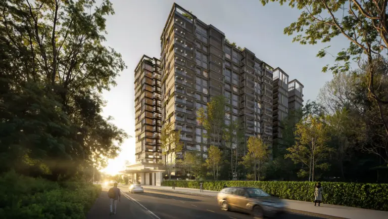 Gaia Brookside architectural render: façade and landscaped grounds