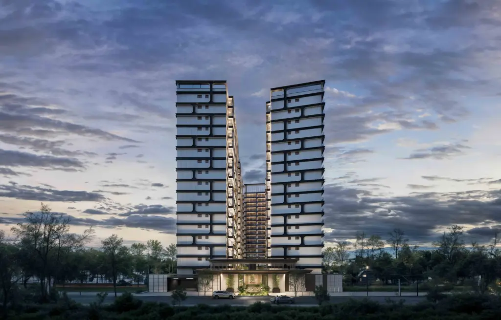 Gaia Brookside architectural render: residential towers at dusk