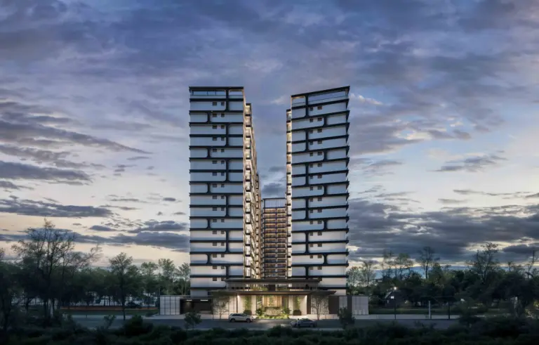 Gaia Brookside architectural render: residential towers at dusk