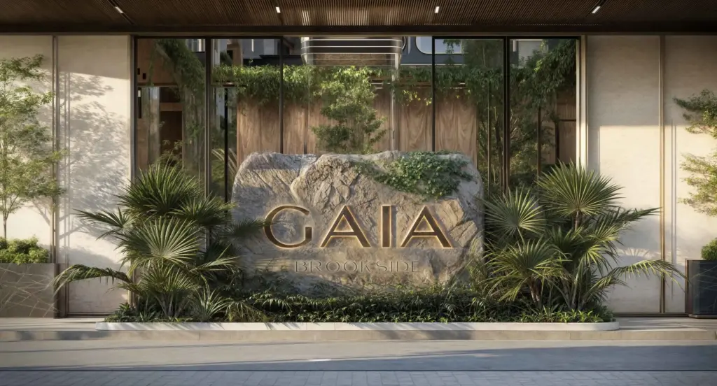Gaia Brookside architectural render: gaia entrance sign