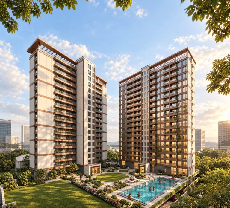 Longines Bay – Residential towers and pool courtyard (architectural render)