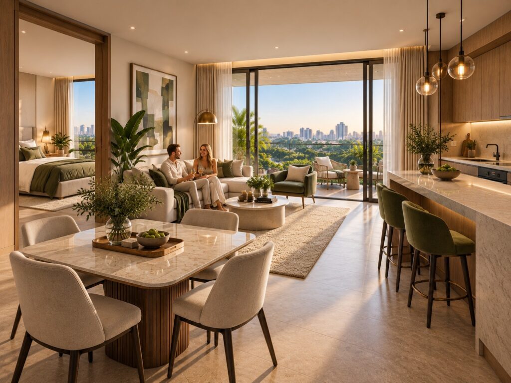 Longines Bay – Open-plan living, dining and kitchen (architectural render)