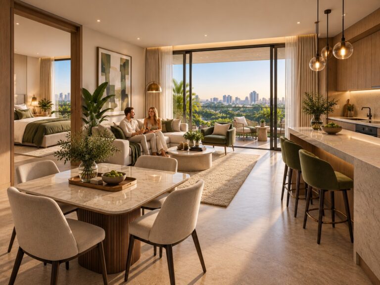 Longines Bay – Open-plan living, dining and kitchen (architectural render)