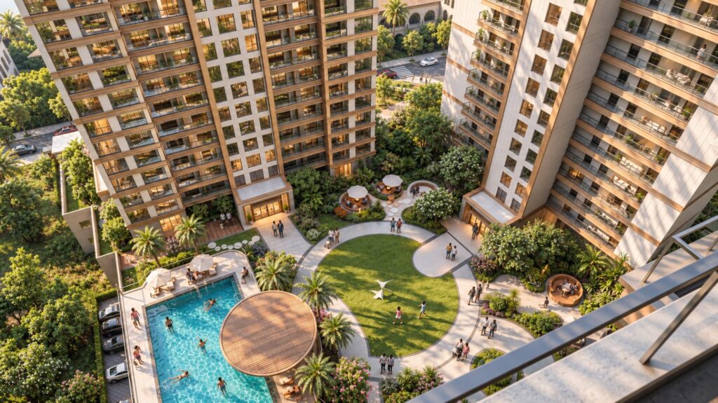 Longines Bay – Aerial view of the courtyard pool (architectural render)