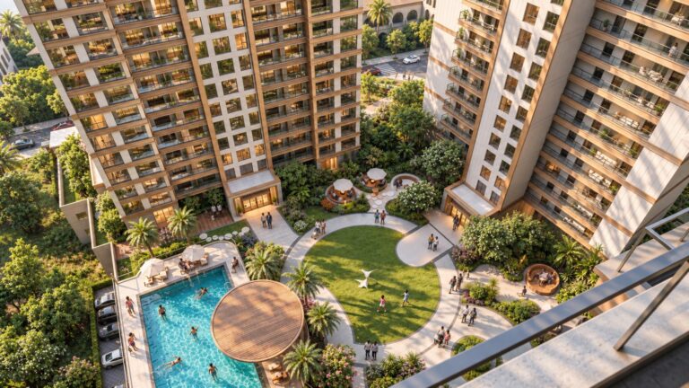 Longines Bay – Aerial view of the courtyard pool (architectural render)