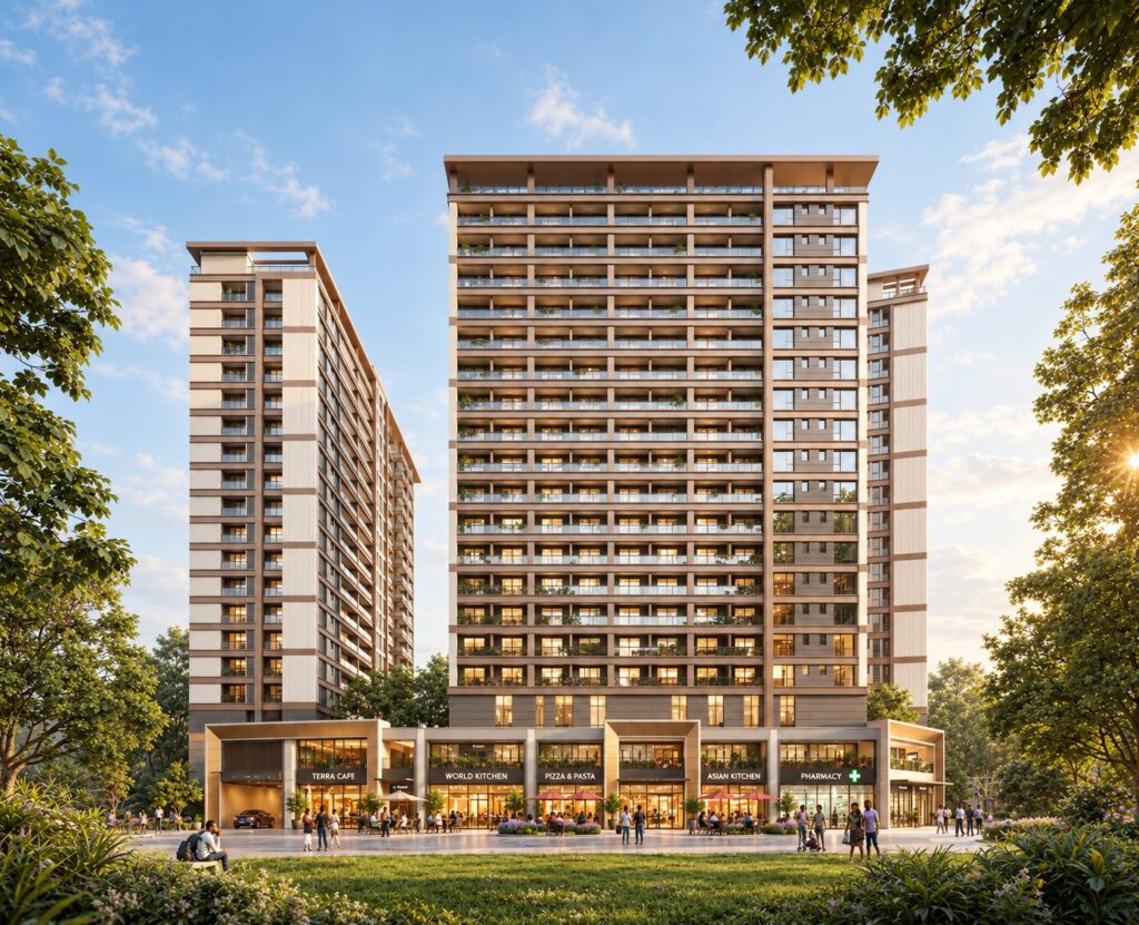 Longines Bay – Residential towers and retail frontage (architectural render)