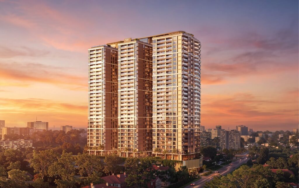 The Moment Residences architectural render: residential towers at sunset