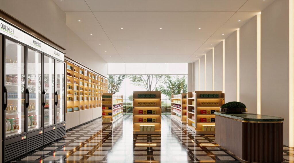 Versailles Garden II architectural render: convenience store interior