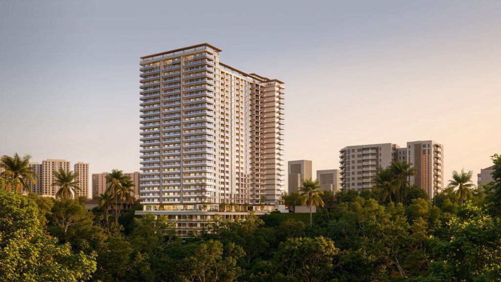 Versailles Garden II architectural render: residential towers viewed across landscaped grounds